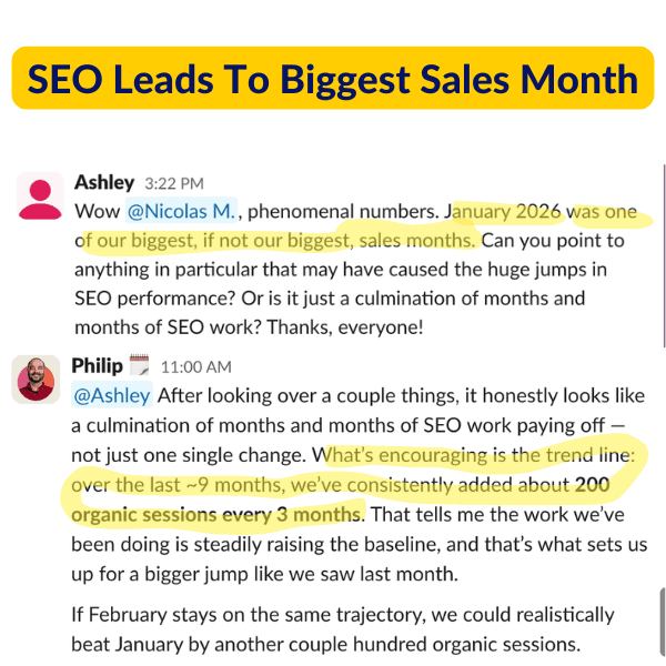 Slack conversation about SEO leading to biggest sales month